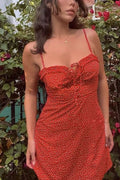 Polka Dot Sweetheart Ruffle Trim Tie Front Spaghetti Strap Mini Dress