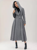 Flared Woolen Coat For Woman Hooded Gray Belted A-line Winter Long Outerwear 2026