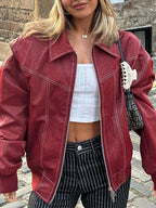 Loose long sleeve vintage leather jacket