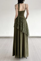Lace Panel Spaghetti Strap Waist Tie Asymmetric Overlay Maxi Dress