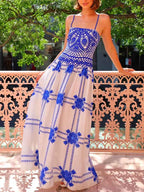 Crochet Lace Bodice Floral Embroidered Tiered Maxi Dress