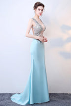 Blue Sheer Deep V-Neck Maxi Dress