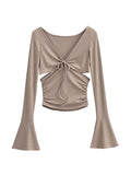 Solid V Neck Side Cutout Trumpet Sleeve Long Sleeve Knit
