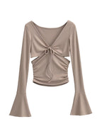 Solid V Neck Side Cutout Trumpet Sleeve Long Sleeve Knit