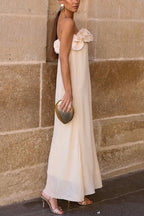 Strapless 3D Floral Rosette Applique Column Maxi Dress