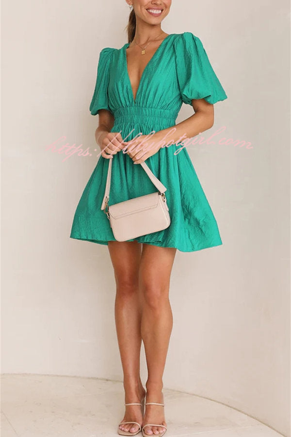 Deep V-Neck Puff Sleeve Smocked Waist Fit and Flare Mini Dress