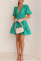 Deep V-Neck Puff Sleeve Smocked Waist Fit and Flare Mini Dress