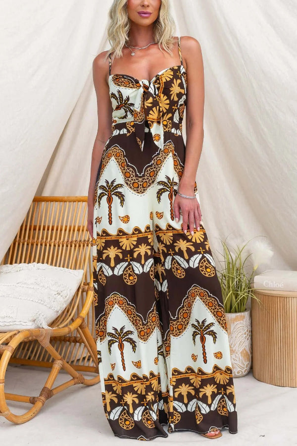 Unique Print Casual Spaghetti Strap High Waist Resort Loose Wide Leg Jumpsuit
