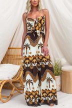 Unique Print Casual Spaghetti Strap High Waist Resort Loose Wide Leg Jumpsuit