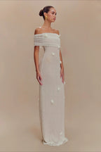 Off Shoulder 3D Floral Rosette Mesh Column Maxi Gown