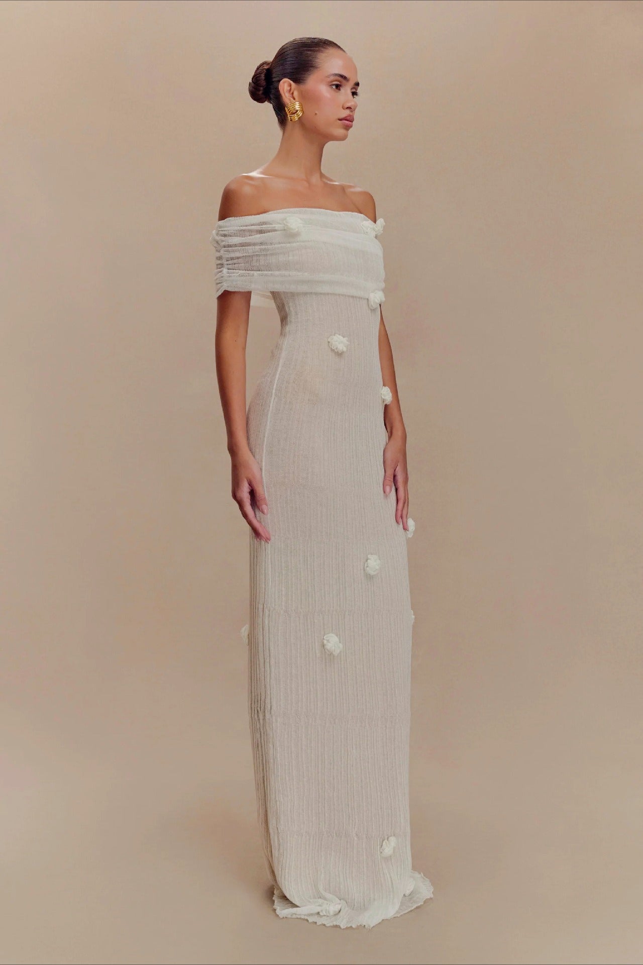 Off Shoulder 3D Floral Rosette Mesh Column Maxi Gown