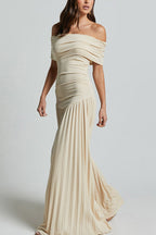 Off Shoulder Dropped Waist Accordion Pleated Maxi Dress