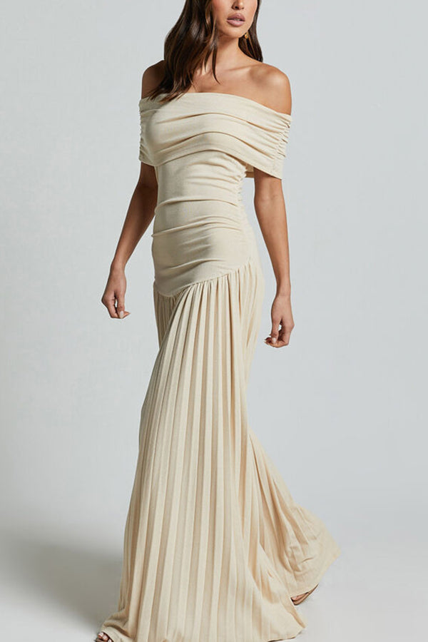 Off Shoulder Dropped Waist Accordion Pleated Maxi Dress