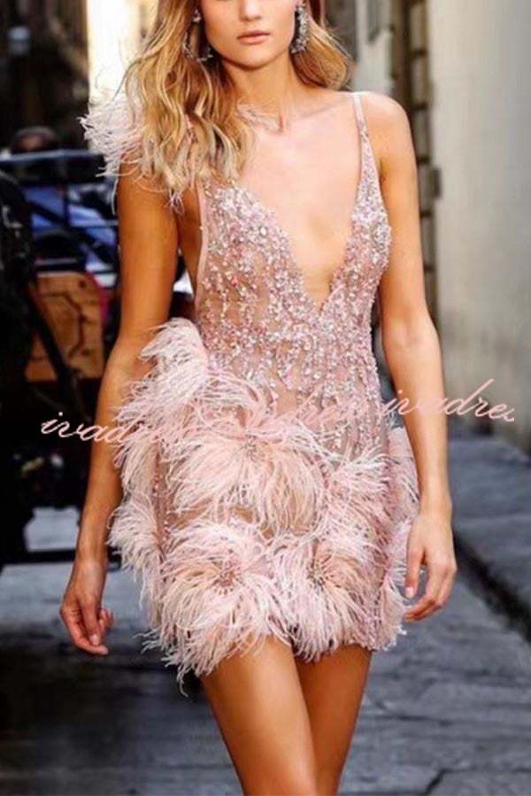 Feather Sling Deep V Neck Party Dress