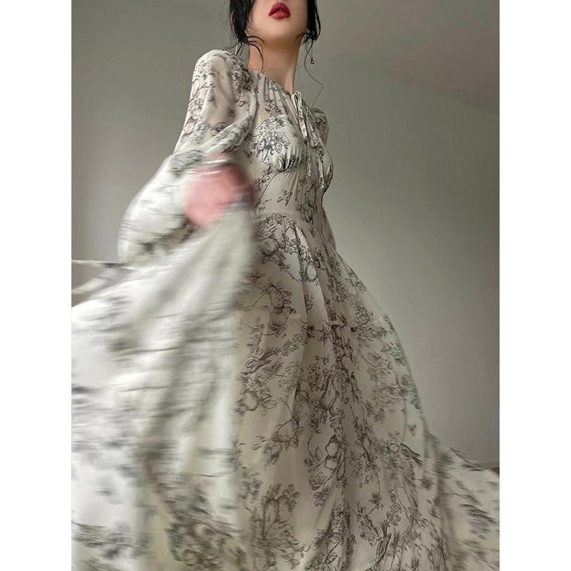 Keyhole Neck Puff Sleeve Botanical Toile Print Tiered Maxi Dress