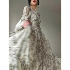 Keyhole Neck Puff Sleeve Botanical Toile Print Tiered Maxi Dress