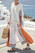 Linen Blend Unique Print Half Sleeve Top and Elastic Waist Pocket Loose Pants Set