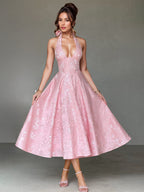 Soft Pink Floral Midi Dress Halter Summer A-line Vintage Dress For Women 2026