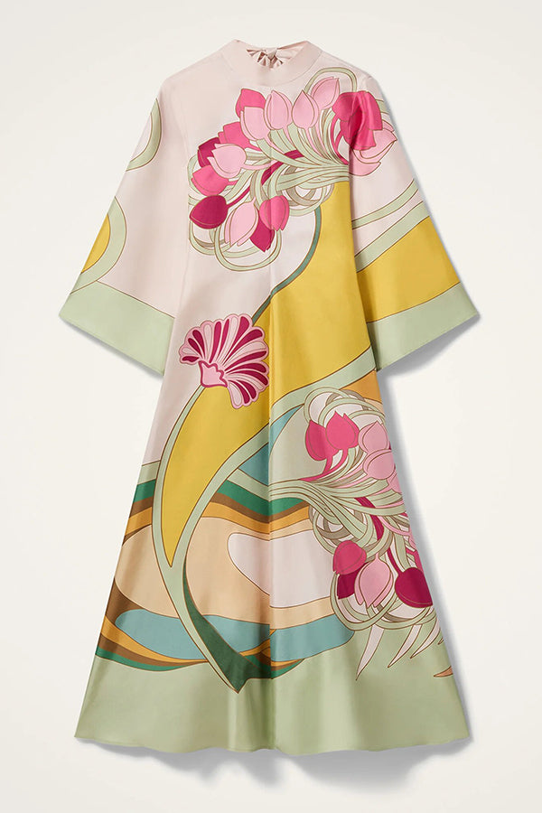 Darla Satin Colorful Baroque Style Printed Tie-up Neck Bell Sleeve Maxi Dress