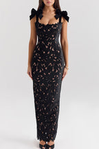 Floral Guipure Lace Shoulder Bow Sweetheart Column Maxi Gown