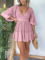 Lace Overlay Wrap V-Neck Smocked Waist Button Front Mini Romper