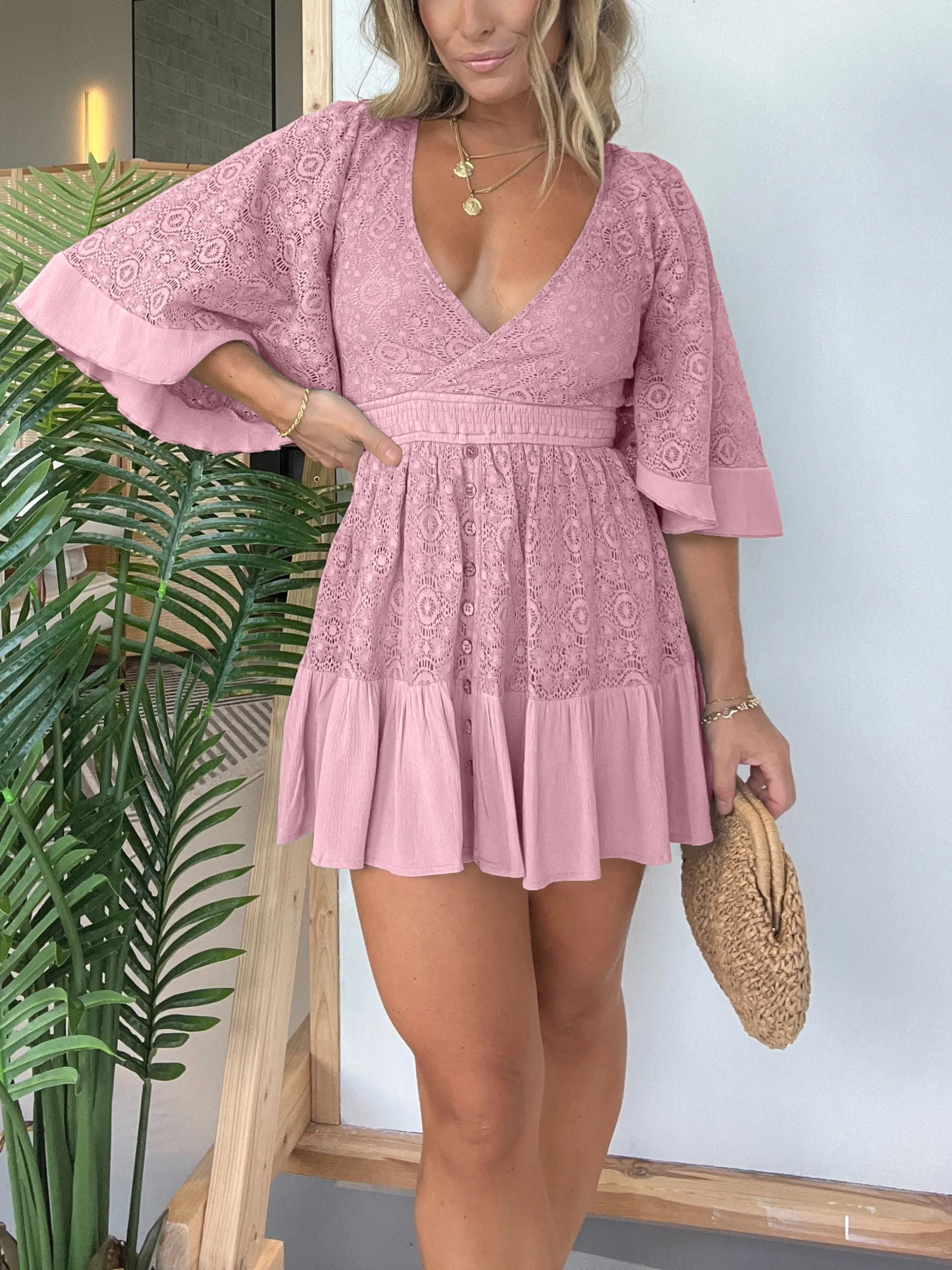 Lace Overlay Wrap V-Neck Smocked Waist Button Front Mini Romper