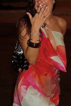 Abstract Print Satin Asymmetrical One Shoulder Draped Cowl Neck Mini Dress