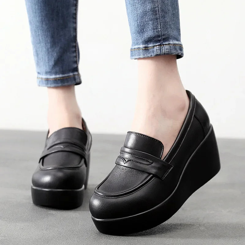 Vintage Leather Platform Wedges Black Genuine Office Fur Med Heels Loafers