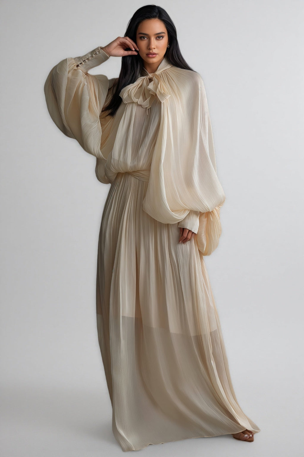 Elizabeth Tie Neck Puff Sleeve Maxi Dress