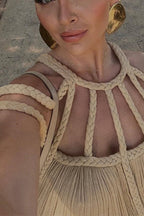 Pleated Plisse Braided Rope Halter Cage Neck Maxi Dress