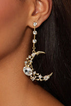 Rhinestone-Embellished Moon and Tassel Drop Earrings