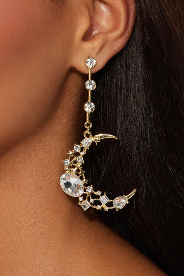 Rhinestone-Embellished Moon and Tassel Drop Earrings