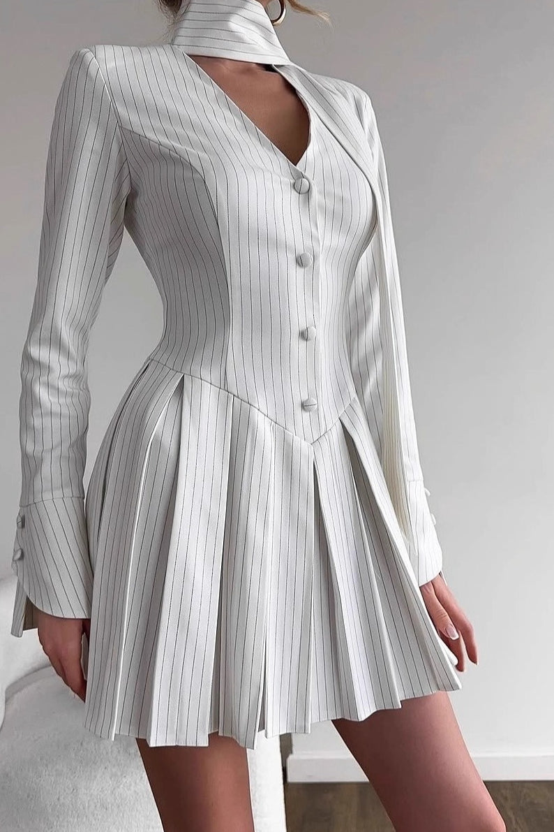 Pinstripe Button Front Choker Cut Out Neck Long Sleeve Pleated Mini Dress