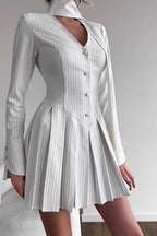 Pinstripe Button Front Choker Cut Out Neck Long Sleeve Pleated Mini Dress
