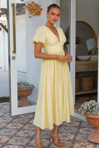 Solid V Neck Puff Sleeve Flared Midi Dress