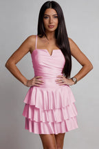 Satin V Neck Tiered Cami Mini Dress