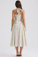 pale blue meadow print cotton halter sundress