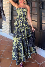 Elara Linen Blend Floral Print Princess Line Design Detachable Sleeves Maxi Dress