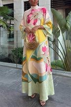 Darla Satin Colorful Baroque Style Printed Tie-up Neck Bell Sleeve Maxi Dress