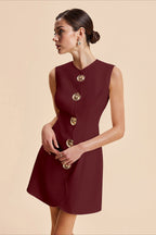 Scalloped Wave Button Front Sleeveless Round Neck A-Line Mini Dress