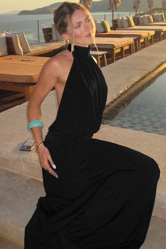 Ruched Waist Halter Neck Pleated Bodice High Split Maxi Formal Dress