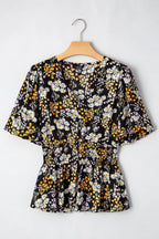 Floral Print V Neck Smocked Babydoll Blouse