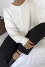 Soft Gray Vintage Shell-Button Knit Cardigan