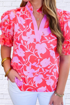 Floral Split V-Neck Ruffled Short Sleeve Blouse _ Pink on Pink