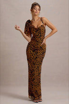 Print One Shoulder Bow Strap Bodycon Maxi Dress