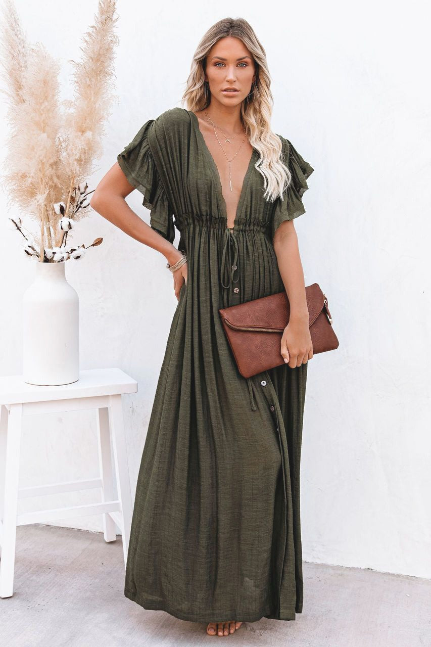 Deep V Neck Ruffle Sleeve Drawstring Waist Button Front Pocket Maxi Dress