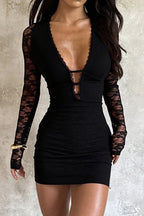 Floral Lace Deep V-Neck Cut Out Long Sleeve Bodycon Mini Dress