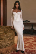 Lace Corset Sweetheart Long Sleeve Satin Mermaid Maxi Formal Gown
