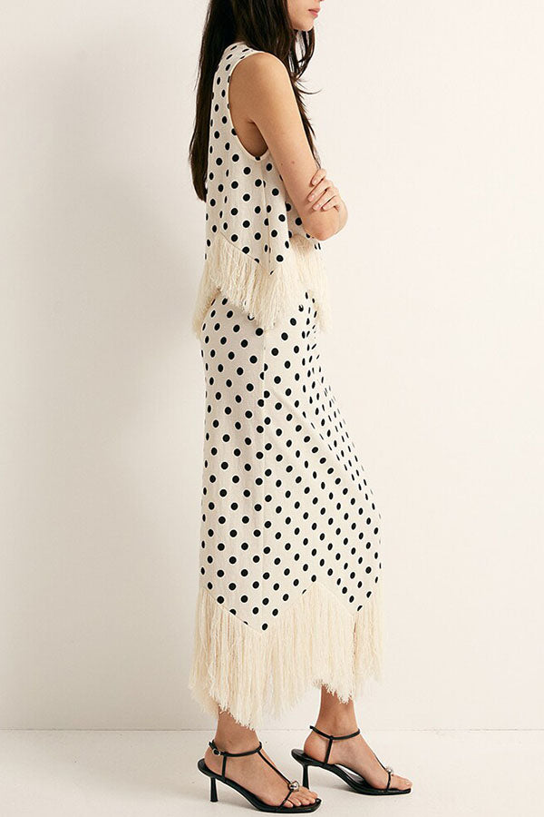 Verrah Linen Blend Polka Dot Print Tassel Trim Loose Tank