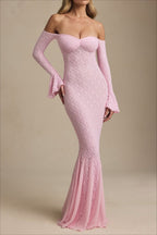 Sequin Off Shoulder Sweetheart Long Bell Sleeve Mermaid Formal Gown